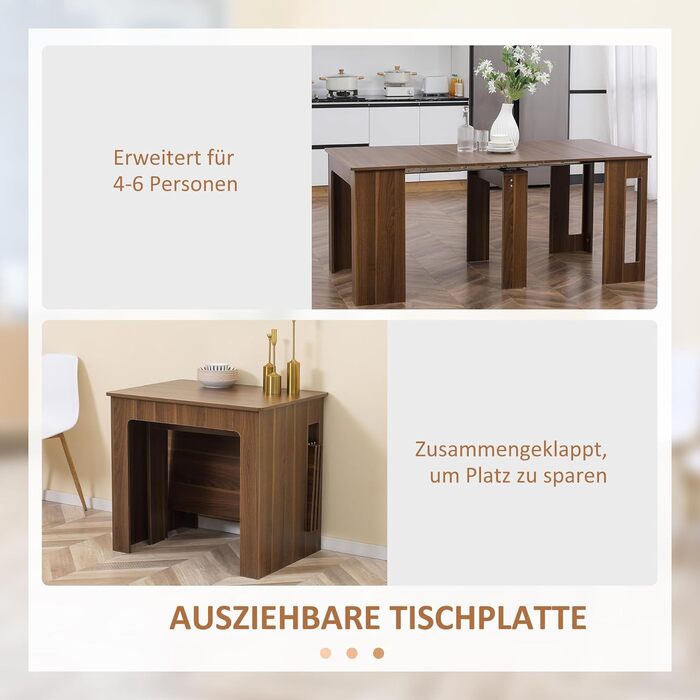 Обідній стіл HOMCOM, 60-180x85 см, 3-рівневий розкладний кухонний стіл до 6 осіб, сучасний обідній стіл, для вітальні, їдальні, кухні, коричневий