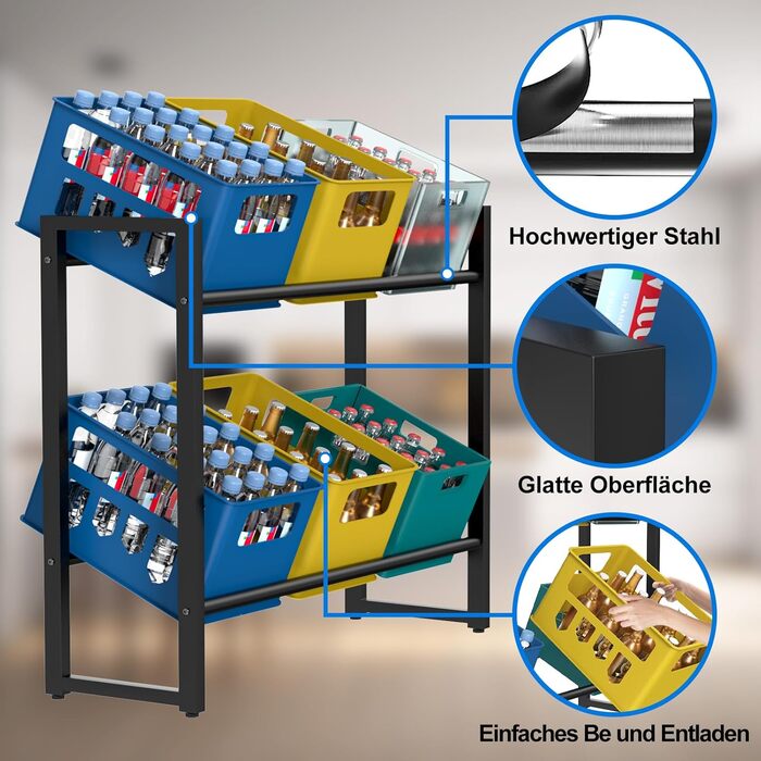 Стелаж для напоїв на 6 ящиків, вантажопідйомність 300 кг, металевий стелаж для напоїв, стелаж для ящиків з регульованими по висоті пластиковими ніжками, компактний тримач для напоїв, чорний