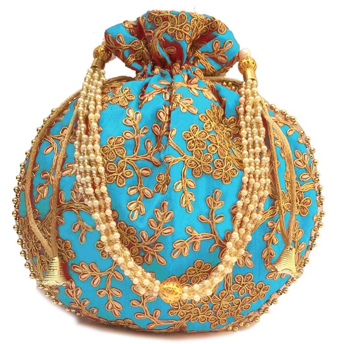 Вишукана індійська сумочка-поклаж Потлі з квітковою вишивкою, оливково-зелений бавовняний клатч з зав'язками для весільного подарунка. Бірюзово-золотий.
