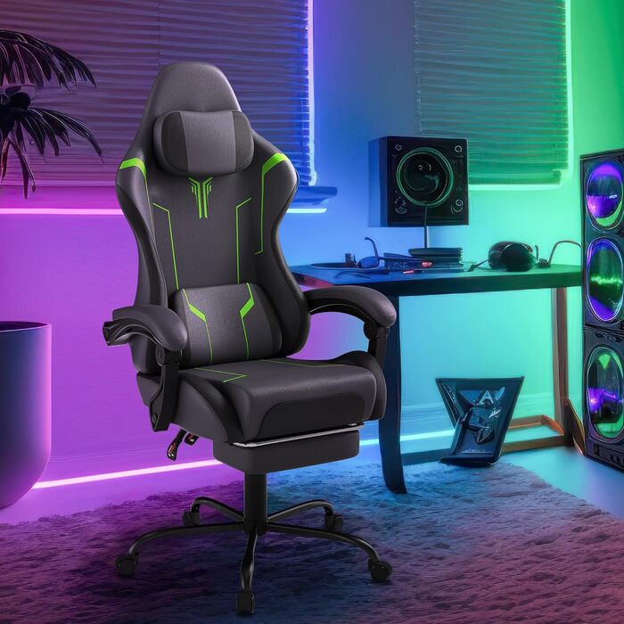 Ігрове крісло з масажем, сіре, ігрове крісло з підставкою для ніг, підголівником та масажною поперековою подушкою, ергономічне офісне крісло, регульована висота для геймерів, ігрова кімната, офіс