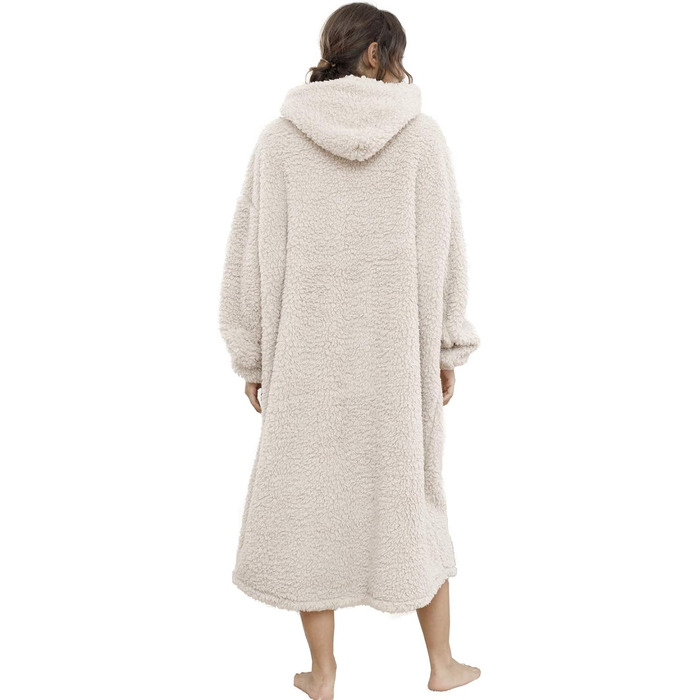 Великогабаритна шерпа-ковдра з капюшоном для чоловіків та жінок, довга зручна шерпа-ковдра, светр, волохатий пуловер, плюшевий, теплий, затишний, універсальний розмір, бежевий