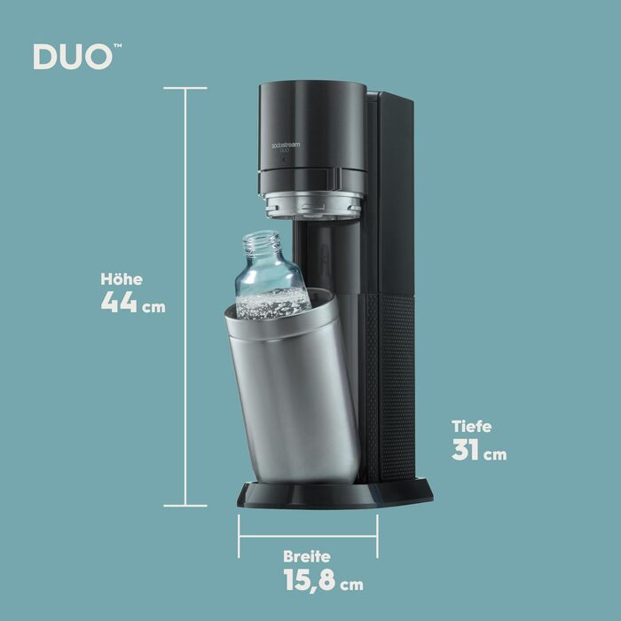Виробник газованої води SodaStream DUO з циліндром CO2, скляною пляшкою 2 шт. 1 л і пластиковою пляшкою 2 шт. 1 л, яку можна мити в посудомийній машині, висота 44 см, колір титан, 29x25.6x44.4 Family Pack (4 пляшки та з балоном CO)