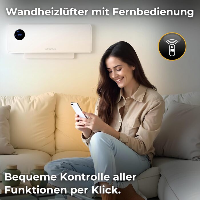 Настінний вентилятор-обігрівач SwingAir 2000 Вт, керамічний настінний обігрівач, електричний обігрівач для ванної кімнати з коливаннями, світлодіодний дисплей, білий