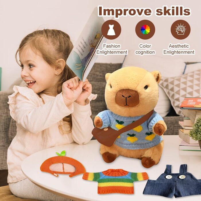 Плюшева іграшка капібара з одягом та аксесуарами, 23 см м&39яка іграшка капібара, мила плюшева капібара, плюшева іграшка капібара-одягальник з капелюхом, 4 предмети одягу, 2 кишені, штани для дітей, дівчаток, хлопчиків