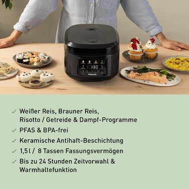 Рисоварка-пароварка Panasonic SR-DA152KXE, 1,5 л (8 чашок), Fuzzy-логіка, індикатор рівня води, BPA-free, режим підігріву, відкладений старт, чорна