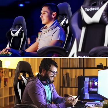 Ігрове крісло Todeco, масажне з підсвічуванням, світлодіодне гоночне крісло, ігрове крісло, ергономічне офісне крісло, регульована спинка, регульована висота, поворотне крісло з підголівником та поперековою подушкою, біле