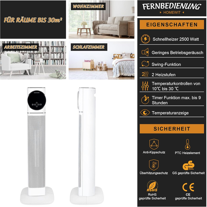 Електричний вентилятор-обігрівач, керамічний нагрівач PTC потужністю 2500 Вт з коливаннями 90, 9-годинним таймером та захистом від перегріву/перекидання, компактний та тихий, енергозберігаючий для офісів