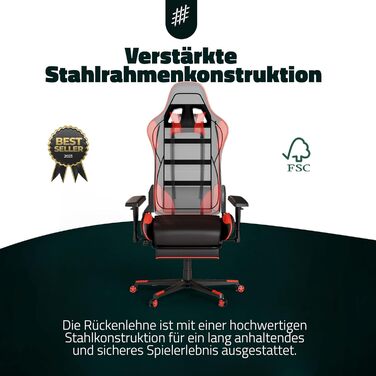 Ергономічне офісне крісло Game Hero - Ігрове крісло з подушкою для стегон та підголівником - Геймерське крісло з підставкою для ніг - Шкіряне крісло для роботи, Ігрове крісло до 125 кг - Winner X1 (червоне)