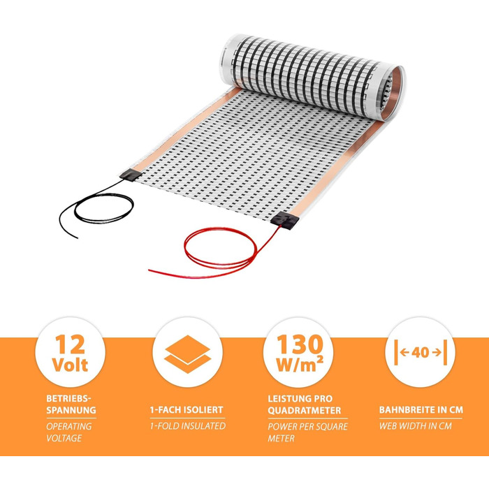 М Mi-Heat Карбонова нагрівальна плівка 12V AC/DC шириною 40 см 130 Вт/м - Підігрів підлоги для караванів, контроль температури акумуляторів, обігрів тераріумів, інкубаторів, теплиць 2,5 метра, 2,5