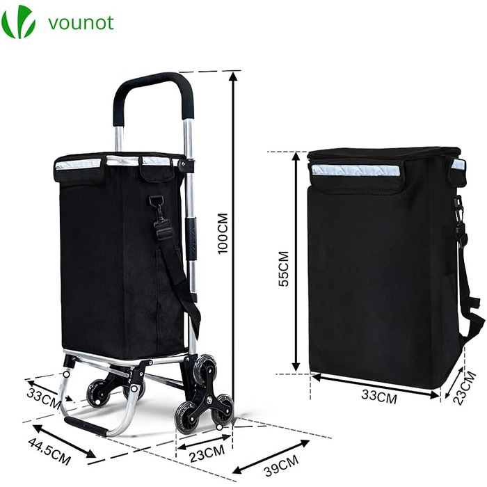 Алюмінієвий візок для покупок зі сходами, складаний, з гачком-поршнем, 6 коліс та термосумкою, водонепроникний, 58л, Чорний