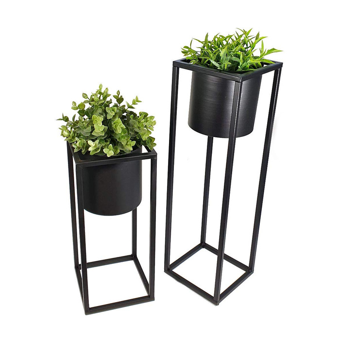Металева підставка для квіткових горщиків Spetebo чорного кольору, набір з 2 шт. - Квадратна підставка з чорним, круглим горщиком - 35 та 50 см - Тримач для квіткових горщиків з горщиком - Квадратна підставка для рослин, набір з 2 шт. (35 / 50 см)