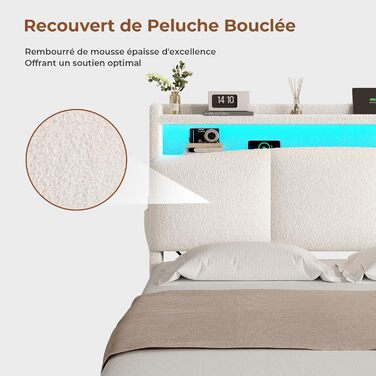 М&39яке ліжко 140x200 з розетками та світлодіодним освітленням, двоспальне ліжко з узголів&39ям для зберігання речей, ліжко 140x200 з гідравлічним металевим каркасом та дерев&39яною рейковою основою, букле, бежевий (без матраца) 140x200 см бежевий