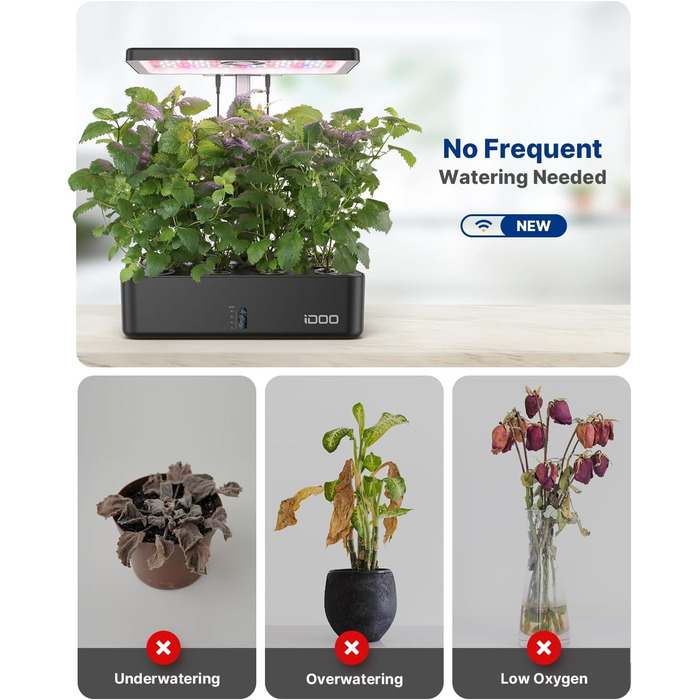 Система iDOO WiFi для гідропоніки, розумний сад зі світлодіодною лампою для рослин, вентилятор, автоматичний таймер, набір трав для внутрішнього саду, гідропоніка з регульованою висотою для використання в приміщенні, 12 стручків