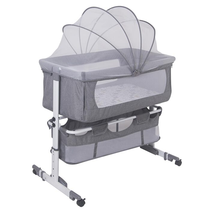 Дитяче ліжечко homewell Baby Bed Crib, дитяче ліжко та колиска 2 в 1, пружинне ліжко Baby Box, дитяче ліжко з колесами, москітна сітка, сумка для зберігання та матрац, регульована висота (модель 1 сірого кольору)