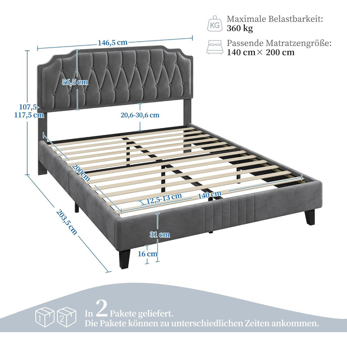 М&39яке ліжко Yaheetech Двоспальне ліжко 140 200 см Тканинне ліжко Дитяче ліжко М&39яке ліжко з регульованим узголів&39ям Каркас ліжка з рейковою основою, темно-сірий Темно-сірий 140 x 200 см