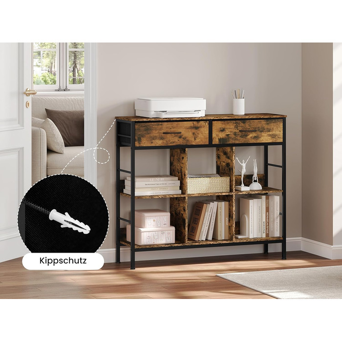 Полиця, книжкова шафа з 2 шухлядами, 6 відкритих відділень, окремостояча полиця з металевим каркасом, полиця для зберігання, для вітальні, кабінету, спальні, рустикальний коричневий, чорний вінтажний коричневий