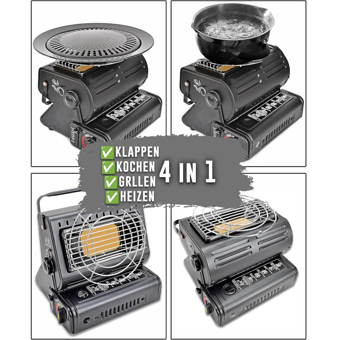 Портативний кемпінговий обігрівач TruWare з картриджами, складний обігрівач для намету для саду, каравана, зимового саду Мобільний газовий обігрівач з ручкою (газовий обігрівач з 4 картриджами)