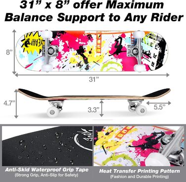 Круїзерний скейтборд 38 дюймів - повний комплект для дітей, підлітків та дорослих, 7-шарова увігнута дека з канадського клена Double Kick, універсальний T-Tool, для початківців з графіті дизайном