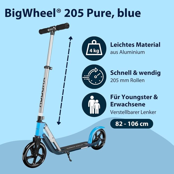 Самокат HUDORA BigWheel Pure стабільний алюмінієвий міський самокат із підніжкою, складаний, з регулюванням висоти, до 100 кг, для підлітків та дорослих, синій
