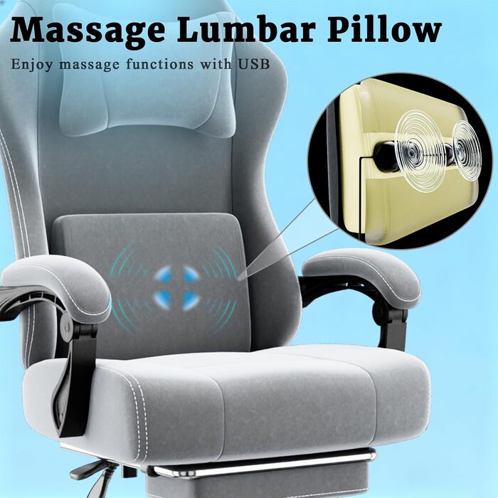 Ергономічне ігрове крісло з пружинним каркасом кишенькового типу та підставкою для ніг, ігрове крісло з регульованою поперековою опорою, дихаюче комп&39ютерне крісло до 150 кг, ігрове крісло з подушкою для шиї (світло-сіре)