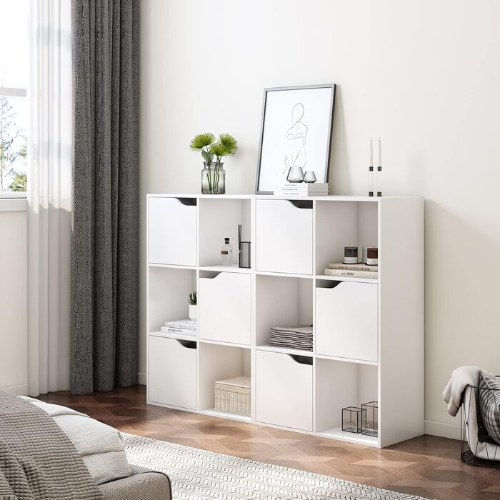 Книжкова полиця FirFurd, біла полиця, книжкова шафа з 3 дверцятами, полиця для зберігання з 6 відділеннями, офісна полиця для вітальні, кабінету, дитячої кімнати, 60 x 29 x 90 см
