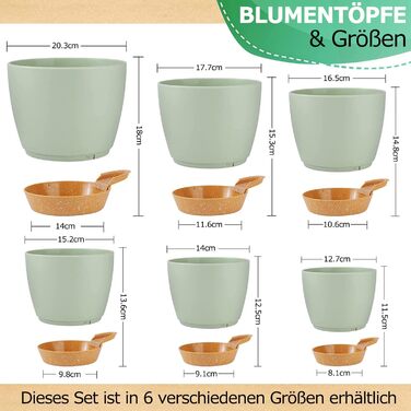 Пластиковий квітковий горщик з блюдцем 20,3/17,7/16,5/15,2/14/12,5 см, набір з 6 предметів, самополивний кашпо, горщик для трав, кухонний набір, кругле кашпо для балкону, сукуленти, кактуси, зелений