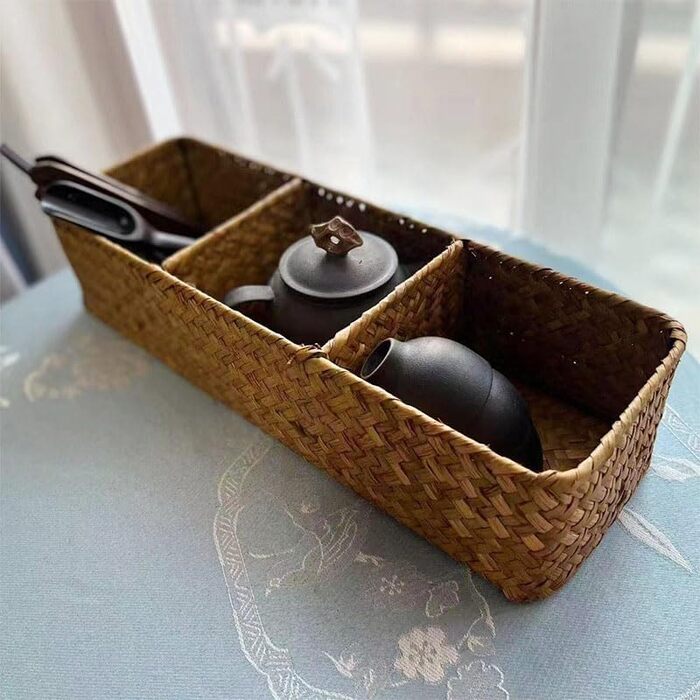 Кошик для зберігання з морської трави для ванної кімнати, плетений кошик для зберігання, плетена скринька для зберігання у ванній кімнаті з 3 відділеннями (37 x 12 x 8 см)