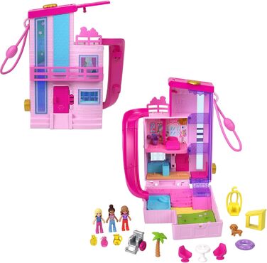 Ігровий набір Polly Pocket Barbie Dreamhouse Box, з 3 мікроляльками, 1 цуценям, 11 аксесуарами, ліфтом та басейном, HWP11