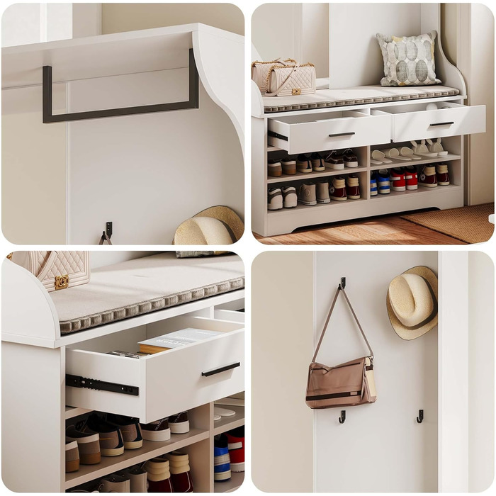 Вішалка для одягу з лавкою для взуття та дзеркалом, сучасна вішалка для одягу з гачками та підставкою для одягу, шафа для передпокою з функцією взуттєвої шафи та 2 шухлядами для вітальні (104x35x180 см)