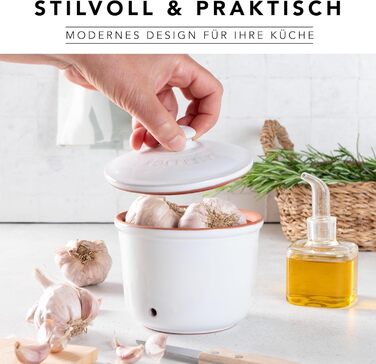 Літра - Керамічний горщик для часнику - Дихаюча глина довше зберігає овочі свіжими - Ідеальна циркуляція повітря - Білий, 0,6