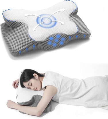 Подушка для шиї, подушка з піни з ефектом пам&39яті, ергономічна подушка, ортопедична подушка. Підходить для сну на боці, спині та животі. Полегшує біль у плечах та забезпечує полегшення. 60 * 34 * 13/10 см