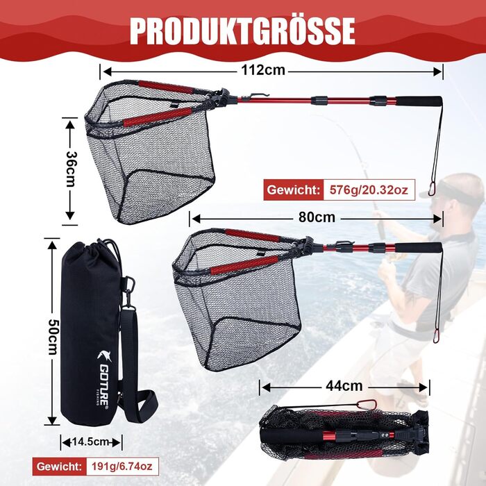 Телескопічний рибальський підсак Goture з плаваючою конструкцією NBR, складний підсак з гумованою сіткою з ПВХ, висувна ручка 42,5-112 см для форелі, окуня, щуки, сітки та інструментів