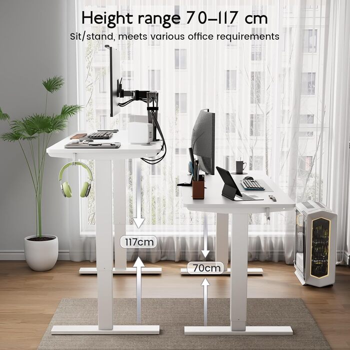 Стіл з регульованою висотою 60x140 см, електричний стіл з пам&39яттю налаштувань та функцією запобігання зіткненням, регульована висота 70117 см, ідеально підходить для офісу, домашнього офісу та ігор (білий) 140x60 см білий