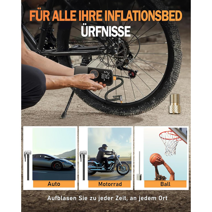 Електричний повітряний насос з акумулятором, повітряний насос 150 PSI для велосипедів, портативний міні-компресор з манометром та подвійним світлодіодним дисплеєм, електричний насос для накачування шин 12 В постійного струму для автомобілів, мотоциклів, в
