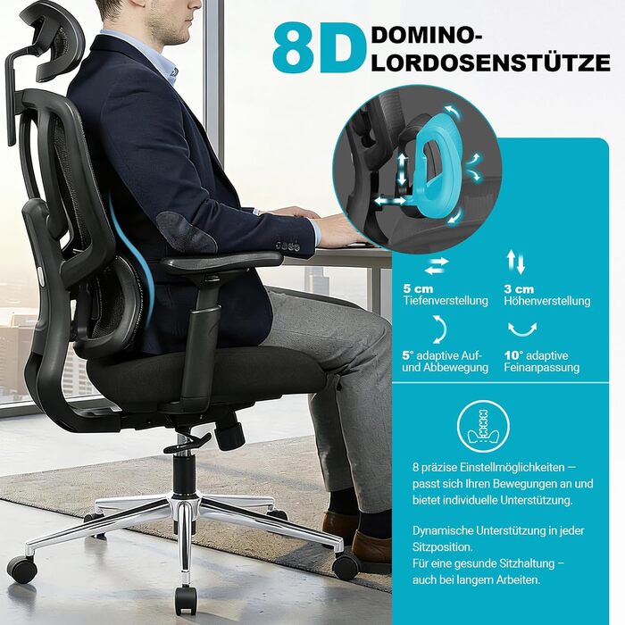 Ергономічне офісне крісло з 8D-регульованою поперековою опорою Переможець ергономічного тесту Підлокітники 4DMagic Офісне крісло з опорою 200 кг Офісне крісло з 3-етапним механізмом блокування та сертифікованою EN12520 спинкою з пінопластовою м&39якою під