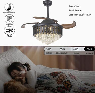 Тиха лампа вентилятора Розкішний кришталевий стельовий вентилятор зі світлом Висувні лопаті люстра вентилятор лампа з пультом дист