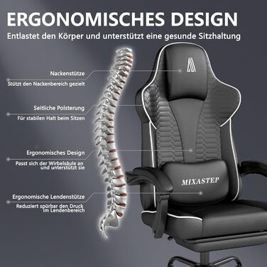 Ергономічне ігрове крісло, офісне крісло з підставкою для ніг, регульоване по висоті та нахилу, надзвичайно широке сидіння (51 см), ергономічна поперекова опора, вантажопідйомність до 150 кг, білий колір