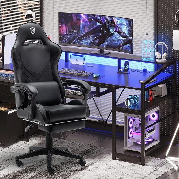 Ергономічне ігрове крісло з масажною поперековою подушкою, офісне крісло для ПК в гоночному стилі зі штучної шкіри, ігрове крісло з підлокітниками, вантажопідйомність до 159 кг, чорний колір