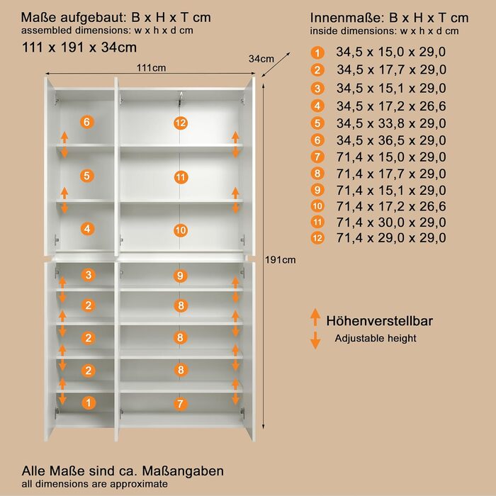 Багатофункціональна шафа - Біла - Шафа з 6 дверима, 12 полицями та 1 вішаком для одягу - (Ш x В x Г) 111 x 191 x 34 см - дверцята без ручок
