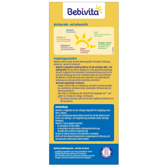 Молочна суміш Bebivita 2 для дітей віком від 6 місяців (4 x 500 г) з вітамінами C та D, Омега-3 (DHA), що насичує дитину відповідно до віку. Молочна суміш Bebivita 2 для дітей віком від 500 г (4 шт.)
