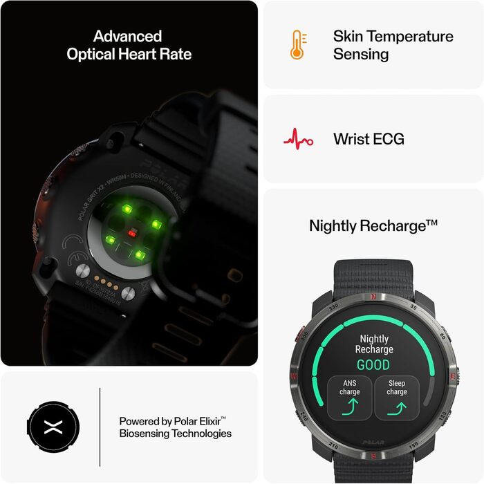 Мультиспортивний GPS-годинник для активного відпочинку Polar Grit X2 AMOLED-дисплей, офлайн-карти, двочастотний GPS, ЕКГ на зап&39ястку, біосенсори Elixir, TrainingPeaks, SpO2, час роботи від батареї до 7 днів, колір Night Black