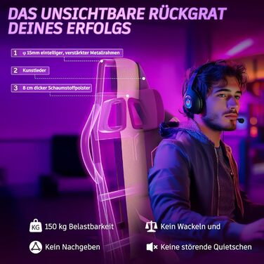 Ігрове крісло Soontrans з функцією масажу KJ433 Ігрове крісло з підставкою для ніг та підголівником Спинка ігрового крісла відкидається до 135 Вантажопідйомність 150 кг (сіро-фіолетове)