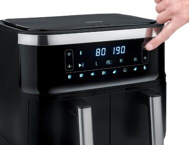 Подвійна фритюрниця SEVERIN з робочим простором 2 x 3.8 л, фритюрниця XXL для здорового приготування, 8 автоматичних програм, фритюрниця без жиру з функцією зневоднення, 2850 Вт, чорний/сріблястий, FR 2453 2 x 3.8 літровий кошик для приготування (паралель