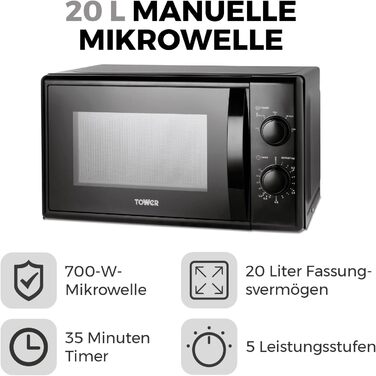Ручна мікрохвильова піч Tower T24034BLK 20 літрів 700 Вт з 5 рівнями потужності та таймером на 35 хвилин - мікрохвильова піч чорна