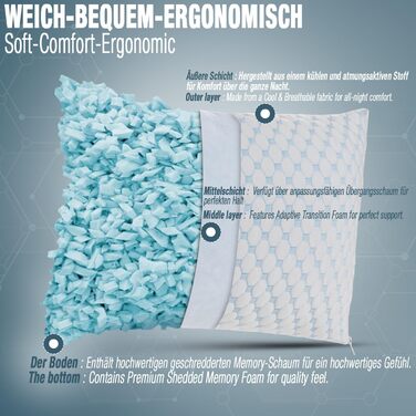 Регульована гелева подушка Alkamto 73x48 см охолоджувальна подушка з піни з ефектом пам&39яті з двостороннім чохлом з крижаного шовку та віскози ідеально підходить для сну на спині, животі та на боці розмір queen-size для спокійного сну 73x48x14 см
