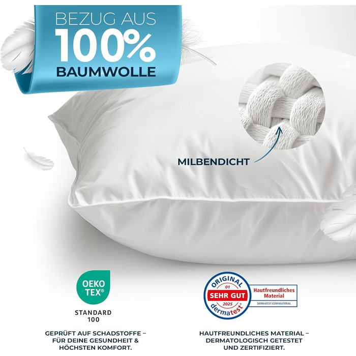 Пухова подушка Glckstoff 80x80 Зроблено в Німеччині - Високоякісна подушка зі 100 пуху та пера - Ергономічна 3-камерна пухова подушка - Подушка для ліжка - Пухова подушка - Подушка з пір&39яним наповнювачем 80x80 см, комплект з 1 предмета