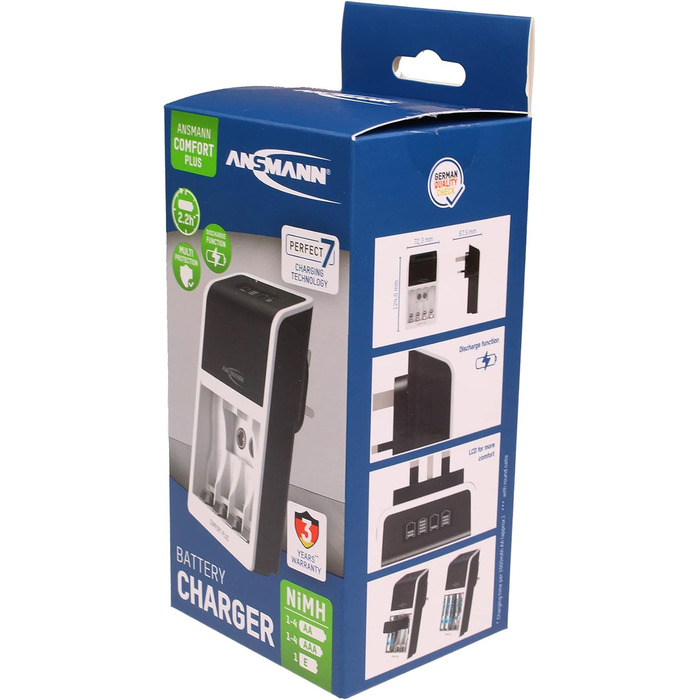 Зарядний пристрій ANSMANN Comfort Plus для акумуляторів типу AA, AAA та 9V з 3-контактним штекером для Великої Британії, швидка зарядка та швидке тестування ємності