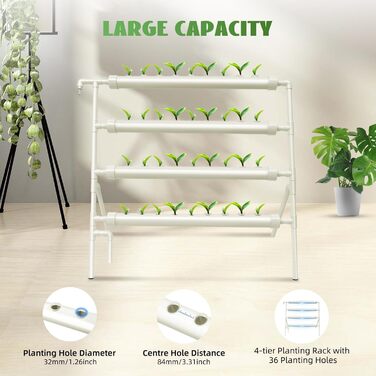 Яруси, 36 отворів, плантатор із труб ПВХ, з водяним насосом, система гідропонного вирощування, білий, 4