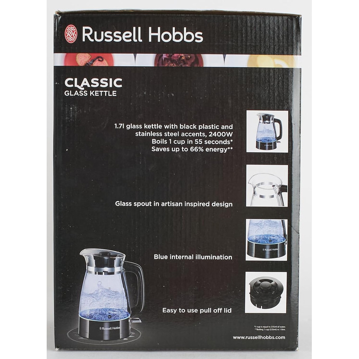 Чайник Russell Hobbs 1,7 л, 2400 Вт, оптимізований скляний вилив, світлодіодне освітлення Класичний дизайн (скороварка, знімна кришка, фільтр від накипу, основа з нержавіючої сталі)26080-70