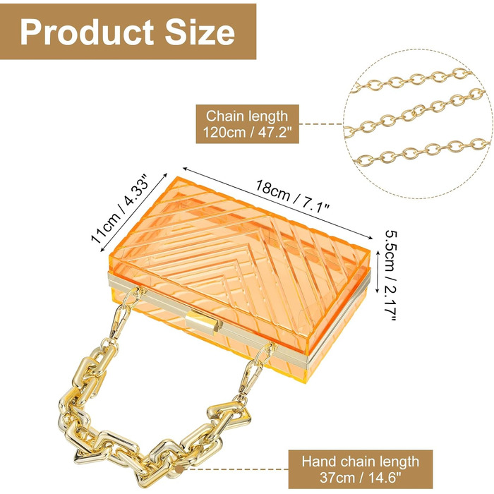 Прозора сумка-клатч QUARKZMAN для жінок, акрилова сумка через плече з квадратною формою та знімним ланцюжком для подорожей та офісу, помаранчево-золота
